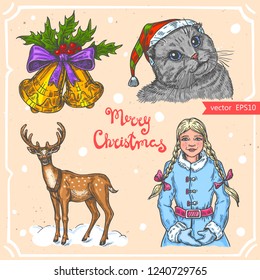 Vector illustration of a christmas deer,christmas bells, holy leaves, cat, bow,text Merry Christmas on the background with abstract paper texture. Santa's reindeer, cute girl sketch.Linear art 