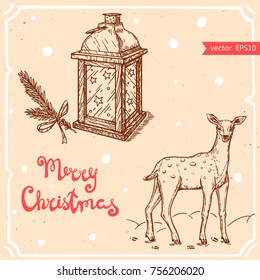 Vector illustration of a christmas deer,christmas lantern, text Merry Christmas on the background with abstract paper texture. Santa's reindeer, lamp sketch.Linear art in vintage style.