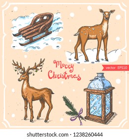 Vector illustration of a christmas deer,christmas sled, lantern, text Merry Christmas on the background with abstract paper texture. Santa's reindeer, lamp sketch.Linear art in vintage style.