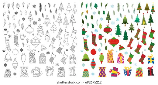 Vector illustration of christmas design element set with outline doodle and colored collections.