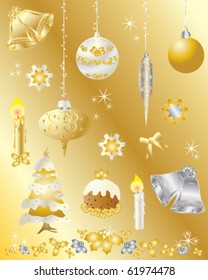 vector illustration of christmas design elements in silver and gold on gold background in eps10 format