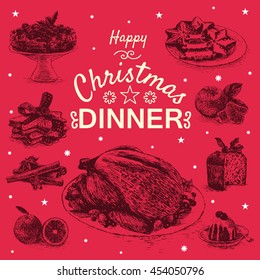 Vector illustration with Christmas dinner menu. Different Christmas meals on red background