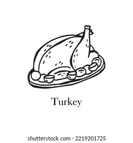 Ilustración vectorial del plato de Navidad. pavo de Navidad. Ilustración dibujada a mano.