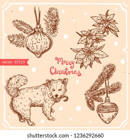 Vector illustration of christmas dog with candy cane,christmas tree branch,ball, flower christmas star, text Merry Christmas on background with abstract paper texture. Puppy and toy sketch.Linear art