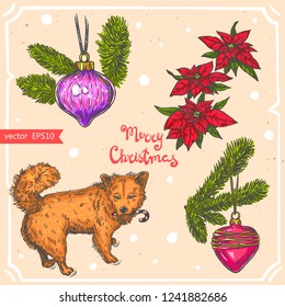 Vector illustration of Christmas dog with candy cane, Christmas tree branch,ball, flower Christmas star, text Merry Christmas on background with abstract paper texture. Puppy and toy sketch.Linear art