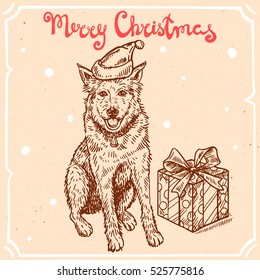 Vector illustration of christmas dog with gift box,text Merry Christmas on background with abstract paper texture,retro frame.Dog in Santa's hat  sketch.Linear art in vintage style for your design.