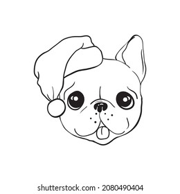 Vector illustration of christmas dog, Merry Christmas. bulldog in Santa's hat sketch. Linear art in vintage style for your design.