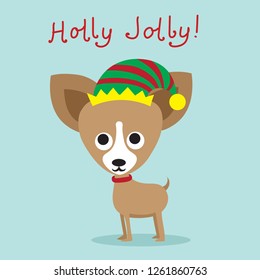 Vector illustration of christmas dog and Christmas and New year greetings. Cute cat with holiday hat