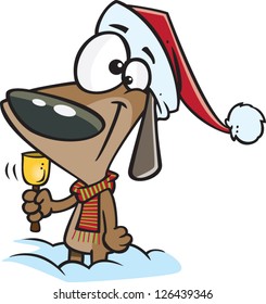 Vector illustration of christmas dog wearing santa hat and scarf ringing bell