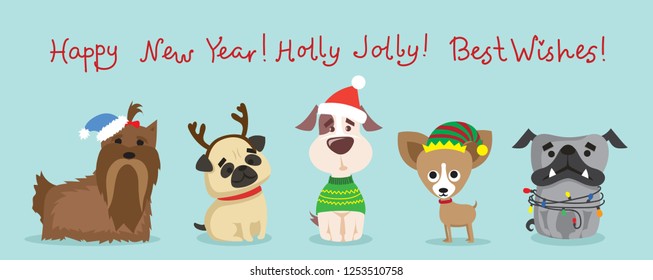 Vector illustration of christmas dogs and Christmas and new year greetings. Cute cats with holiday hats