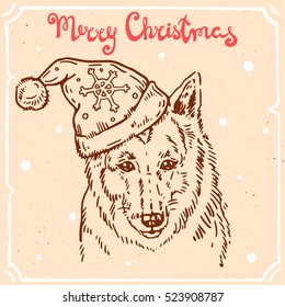 Vector illustration of christmas dog,text Merry Christmas on the background with abstract paper texture,retro frame.German Shepherd in Santa's hat sketch.Linear art in vintage style for your design.