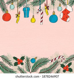 Ilustración vectorial del fondo del doodle de Navidad para banner, afiche, tarjeta de saludo, souvenirs, documentos, invitación, diseño del producto. Gráficos multicolor dibujados a mano para web o impresión