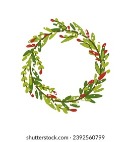 Vector illustration of a Christmas door wreath. A circle of various branches sprinkled with snow. Festive winter decoration isolated on white background.