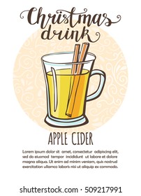 Vector Illustration Christmas Drink Apple Cider. Hand Drawn Cup With Hot Beverage On Circle Decorated Background. Recipe Card, Poster And Flier Design With Place For Your Text. Isolated On White.