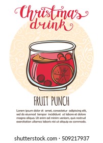 Vector Illustration Christmas Drink Fruit Punch. Hand Drawn Cup With Hot Beverage On Circle Decorated Background. Recipe Card, Poster And Flier Design With Place For Your Text. Isolated On White.