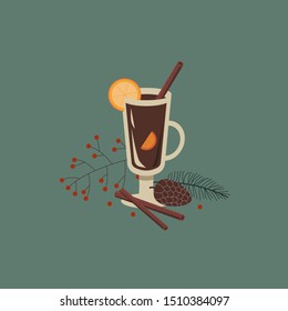Vector illustration of christmas drink mulled wine. Flat design for card or banner or menu decoration.