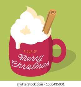 Vector Illustration Of Christmas Eggnog Latte Drink With Whipped Cream And Cinnamon Stick In A Red Mug With A Cup Of Merry Christmas Handwritten Style Text On Light Green Background.