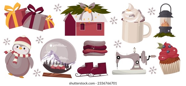 Vector illustration. Christmas elements, cozy winter, Christmas decor. Set of elements for design.