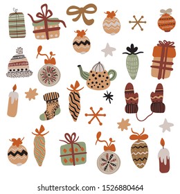 Vector illustration with christmas elements. Gifts, candles, dishes, clothes for your design. Illustration flat style for greeting cards, packaging, postcard, banners.Happy winter vacation.