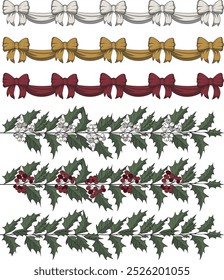 Vector illustration of Christmas elements isolated on white background. Vintage holly green leaves with berries, garland and ribbon bows. Provence. New Year holiday celebration. December.
