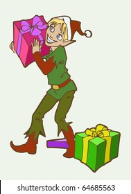 vector illustration of a christmas elf checking boxes with presents