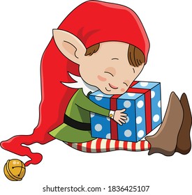 Vector illustration of a Christmas elf with gift