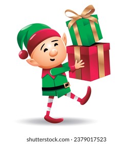 
Vector illustration of a Christmas elf with gifts isolated on white background.