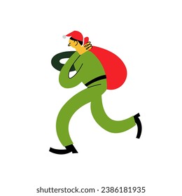 Vector illustration Christmas elf holding bag with presents isolated on white background