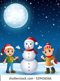 Vector illustration of Christmas elf kids with snowman in the winter night background