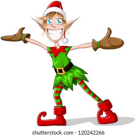A vector illustration of a Christmas elf spreading his arms and smiling.
