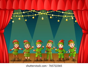 Vector illustration of Christmas elves performing on stage