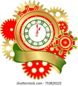 Vector illustration of a Christmas emblem of a round shape tag of an antique clock with a beautiful dial decorated with gold gears