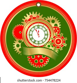 Vector illustration of a Christmas emblem of a round shape tag of an antique clock with a beautiful dial decorated with gold gears