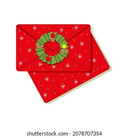 Vector illustration of christmas envelope with christmas wreath. Merry Christmas and happy New Year. Cute christmas wreath.