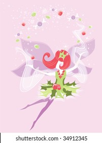 A Vector Illustration Of A Christmas Fairy Or Sugar Plum Fairy Sprinkling Happiness, Holiday Cheer, And Sweets