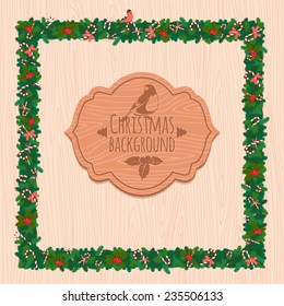 Vector illustration Christmas festive candy wreath frame with signboard. Wooden background