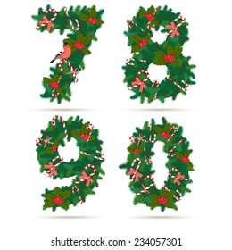Vector illustration Christmas festive wreath numbers: 7, 8, 9, 0. Wooden background