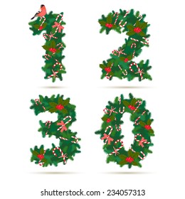 Vector illustration Christmas festive wreath numbers: 1, 2, 3, 0