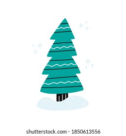 Vector illustration of christmas fir tree standing in snow with falling snowflakes. Hand drawn cartoon style. Winter holiday card.