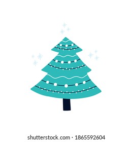 Vector illustration of christmas fir tree decorated with different garlands. Winter holiday card. Hand drawn cartoon style. 