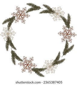 Vector illustration of a Christmas fir wreath with snowflakes. Festive New Year clipart for the design of cards, stickers, packaging, template with space for text.
