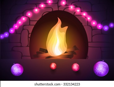 Vector illustration. Christmas fireplace