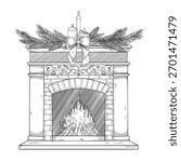 Vector illustration of a Christmas fireplace with burning fire, candles and pine branches. Linear drawing of cozy interior element for holiday Xmas greeting cards or New Year party invitations.