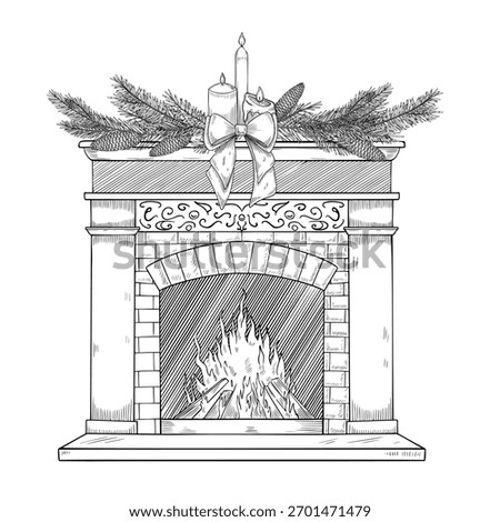 Vector illustration of a Christmas fireplace with burning fire, candles and pine branches. Linear drawing of cozy interior element for holiday Xmas greeting cards or New Year party invitations.