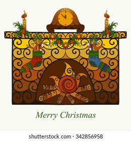 Vector illustration of Christmas fireplace decorated with clock, mistletoe, poinsettia, candles, socks and gifts.