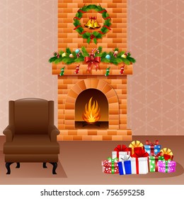 Vector illustration of Christmas fireplace with presents and sofa