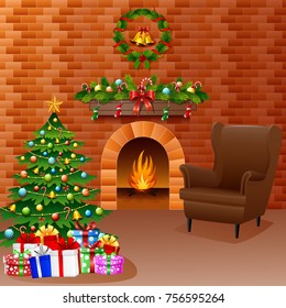 Vector illustration of Christmas fireplace with xmas tree, presents, and sofa