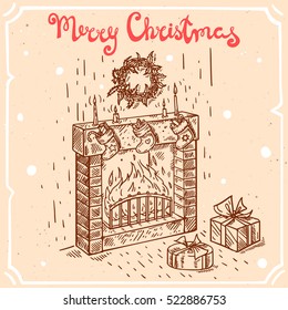 Vector illustration of christmas fireplace,fire,text Merry Christmas on the background with abstract paper texture,retro frame.Letters,christmas room sketch.Linear art in vintage style for your design