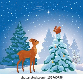 Vector illustration of a Christmas forest scene with cute young animals