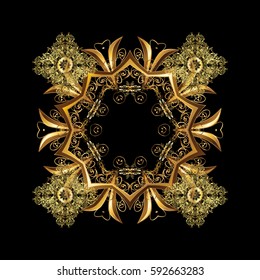 Vector illustration. Christmas frame with abstract golden snowflakes and dots on black background.